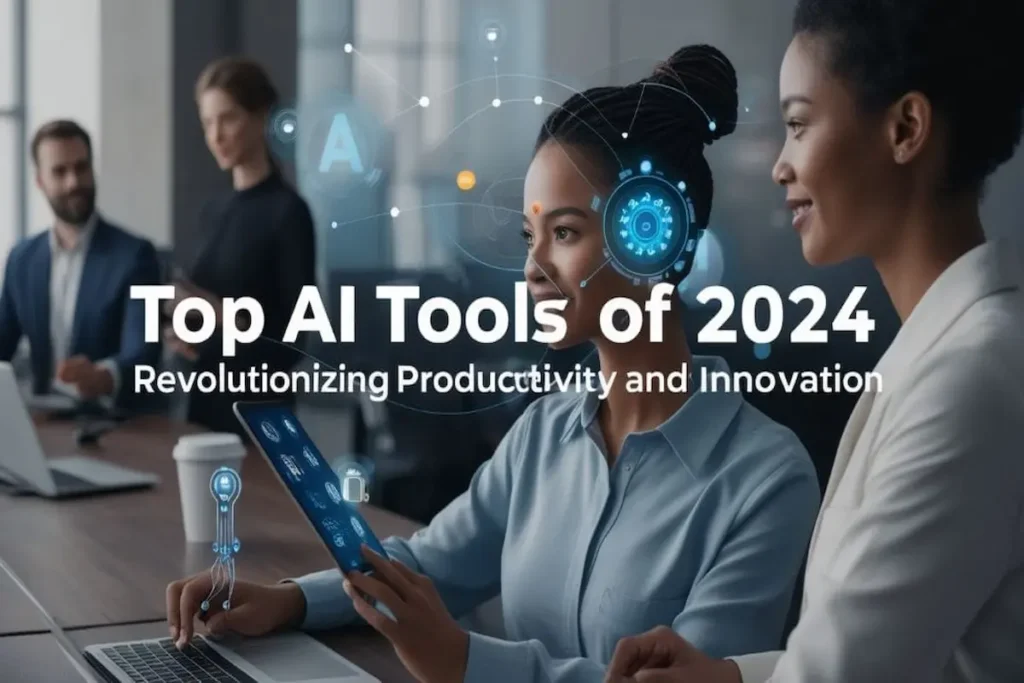 Two professional women in a modern office using a laptop and tablet with a digital AI overlay to represent the top AI tools of 2024 for business collaboration.