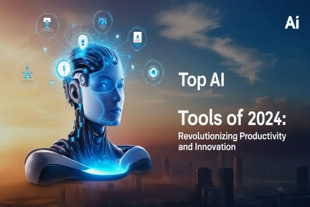 A high-tech digital illustration of a female AI cyborg profile with glowing blue highlights, surrounded by floating cloud icons, representing the best artificial intelligence tools of 2024.