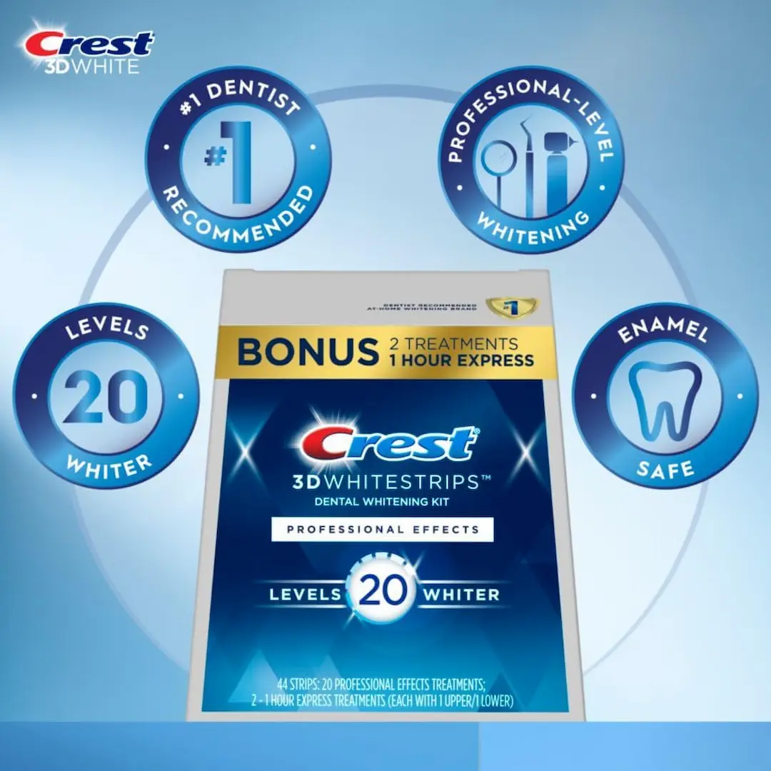 Crest 3D Whitestrips Professional Effects dental whitening kit packaging showing features like 20 levels whiter, enamel safe, and dentist recommended.