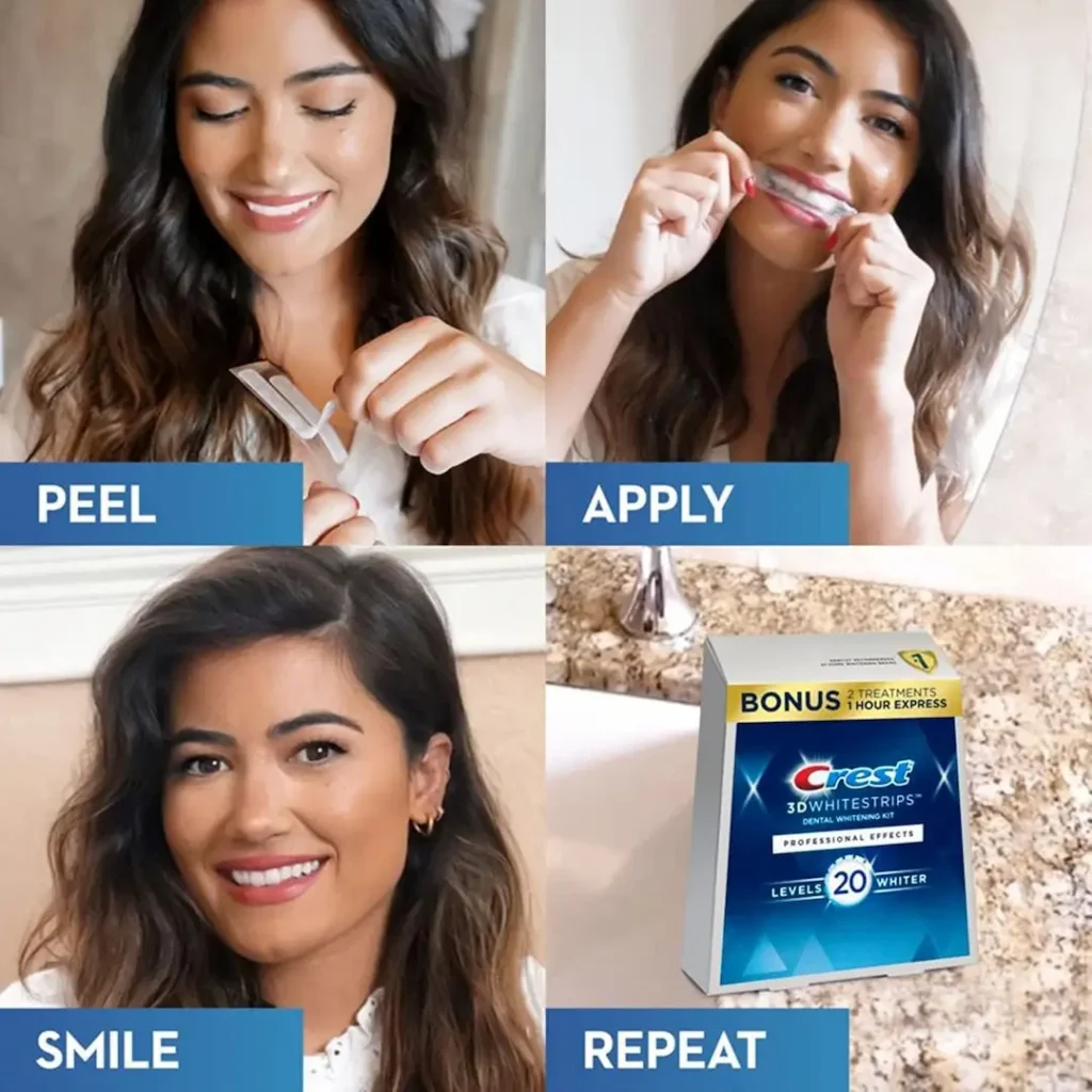 Step-by-step guide for Crest 3D Whitestrips showing the peel, apply, smile, and repeat process with the Professional Effects kit packaging.