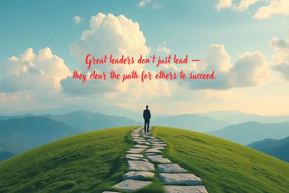 A leader walking a stone path across a green hilltop toward distant mountains