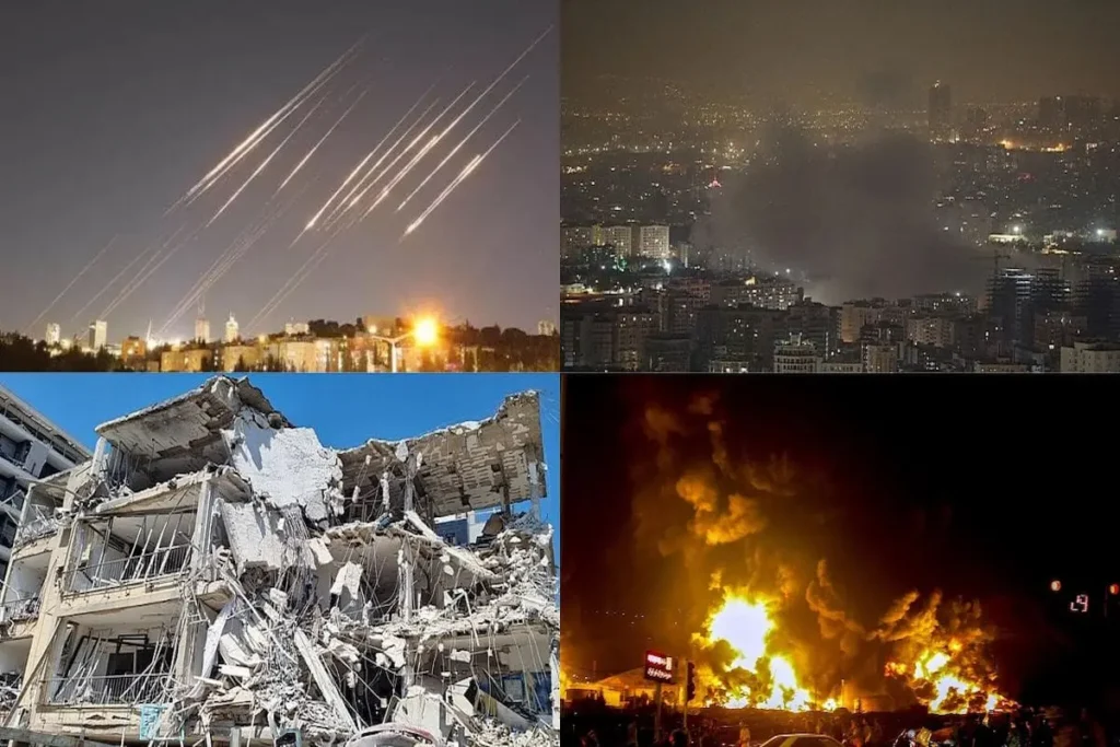 A collage showing global conflict scenes: rockets over a night city, smoke over urban areas, a destroyed building, and a large explosion, representing the geopolitical consequences of the Trump America First policy.