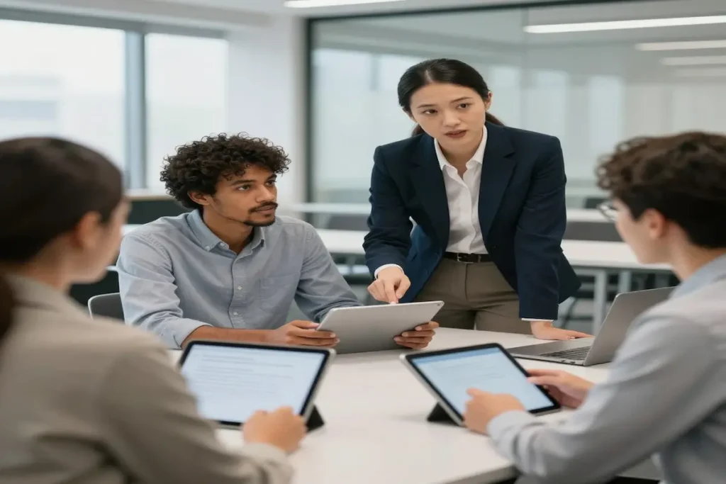 Modern leader mentoring a diverse team using digital tablets to implement the 5-15-50 learning model and skills-based growth.