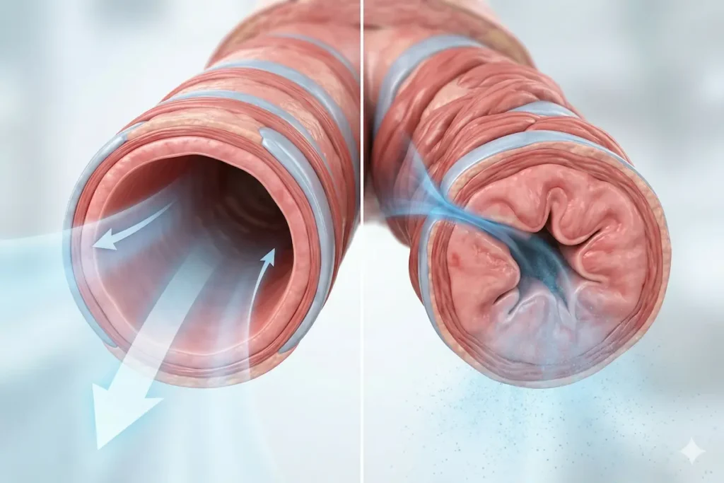 A medical 3D illustration comparing a healthy human lung airway (wide lumen, clear) with a constricted airway (narrowed lumen, constricted smooth muscle). Soft blue highlights illustrate cold airflow restriction.
