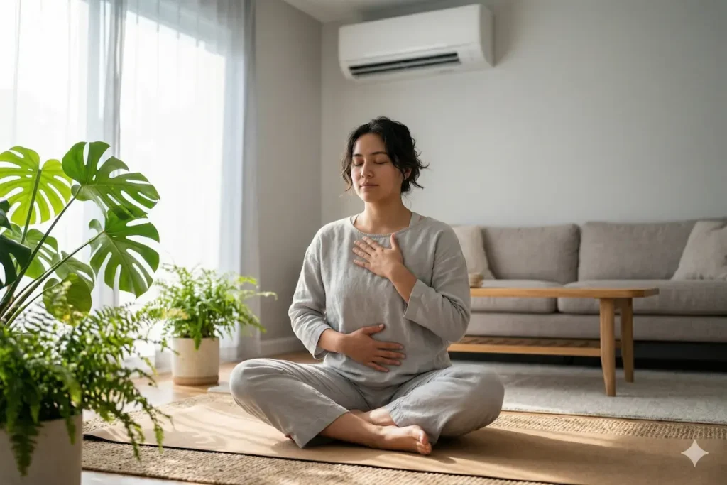 A realistic 8k photo of a person with loosely tied back hair, wearing light gray soft linen clothing, sitting peacefully cross-legged on a natural-fiber yoga mat in a sunlit United States living room. They have their eyes gently closed and a calm expression, practicing deep diaphragmatic breathing. Their right hand is resting gently on their upper chest, and their left hand is centered on their belly, showing the slow, deep movement of an abdominal breath. The soft, warm natural light filters from a large window to the left, bathing them in a comforting glow. Soft-textured house plants (Monstera, ferns) fill the foreground corners. The scene conveys a deep sense of tranquil well-being, emphasizing healthy, unrestricted breathing in a modern, cooled home environment. Focus is exclusively on the person and the immediate foreground foliage, maintaining medical authenticity.
