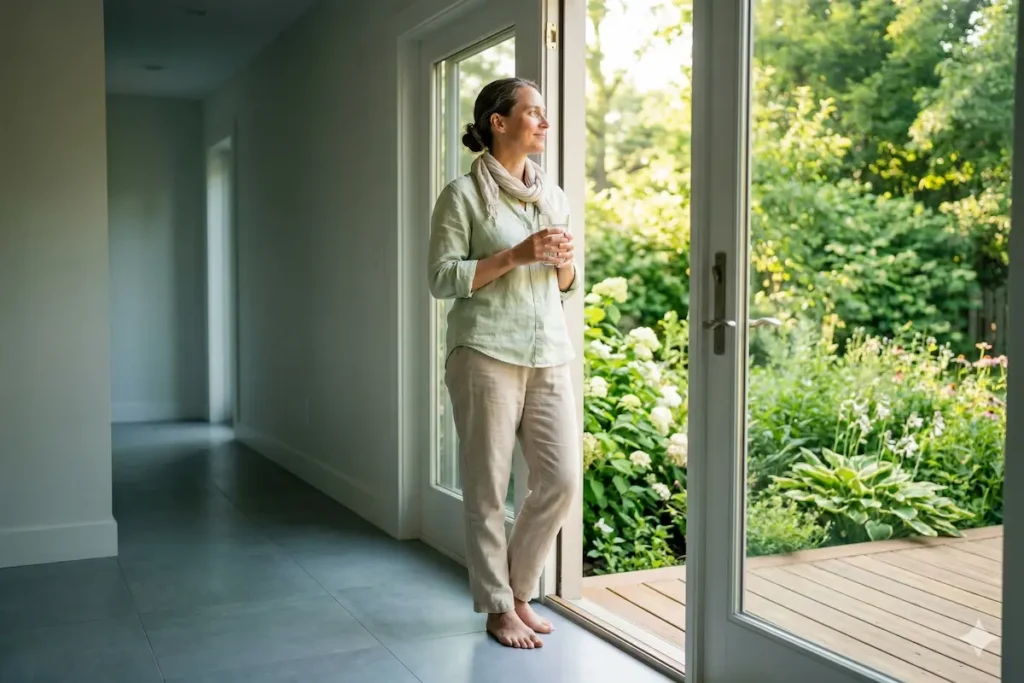 A realistic 8k photo of a person with a calm, peaceful expression pausing in a sunlit doorway between a cool indoor hallway and a bright, lush green backyard in the United States. They hold a clear glass of water with both hands, wearing a light-colored scarf and linen shirt, taking a deliberate break to acclimatize. Feet are positioned just inside the cool indoor hallway. Natural sunlight filters through the open door, illuminating the scene. The garden is filled with vibrant green foliage and varied summer flowers, softly blurred (bokeh). The photo conveyed a sense of healthy connection and deep calm.