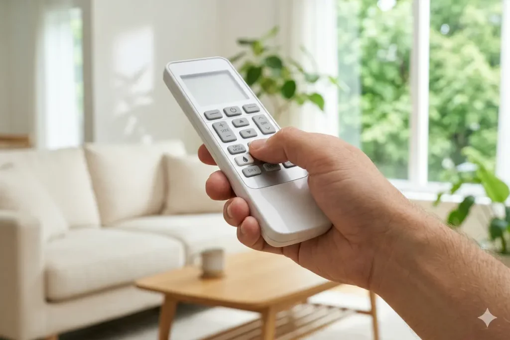 A close-up of a modern white and silver air conditioner remote held in a hand. The thumb is hovering over a specific button with a small water drop icon. The background is a bright, airy living room with a large window showing green, lush summer trees, set in the United States. Natural sunlight filters in, creating a calm ambiance.