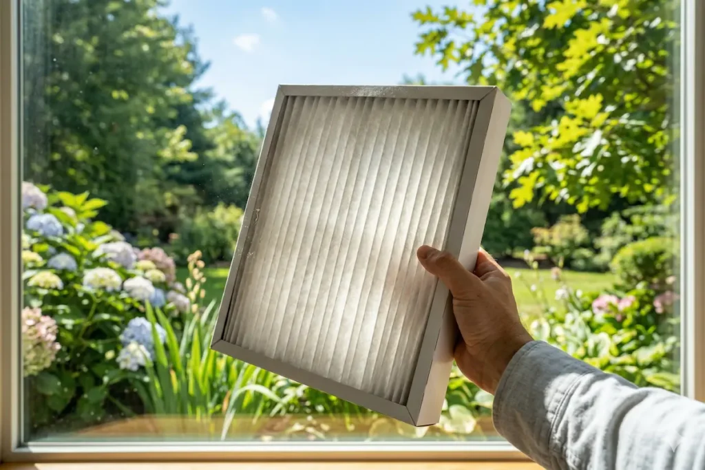 A close-up, realistic photograph of a dense, multi-pleated HEPA air filter held by a hand in sharp focus against a sunlit window. Sunlight illuminates the intricate folds and fibrous texture. The background shows a beautifully blurred (bokeh) lush, green summer garden under a bright blue sky, with blooming hydrangeas and varied foliage, implying the peak of summer in the United States.
