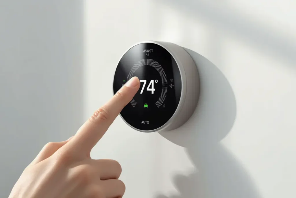 A close-up of a person's hand adjusting a modern round digital thermostat to 74 degrees Fahrenheit on "Auto" mode to balance indoor air quality.