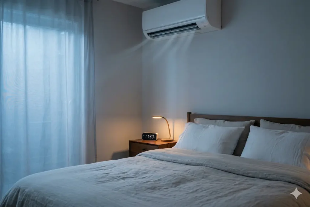 A realistic 8k photo of a peaceful bedroom scene in the United States at 11:30 PM. A white, modern wall-mounted AC unit is operating high on the gray wall, with its airflow louvers visibly angled upward towards the ceiling. A soft, cool blue moonlight filters through a translucent window drape, mixing with warm, amber light from a small digital bedside clock (showing 11:30 PM) and lamp. Soft cotton bedding, neatly made, fills the foreground. Fine dust motes catch the light near the AC, indicating clean airflow. Natural light maintain medical authenticity. The scene is calm and undisturbed.