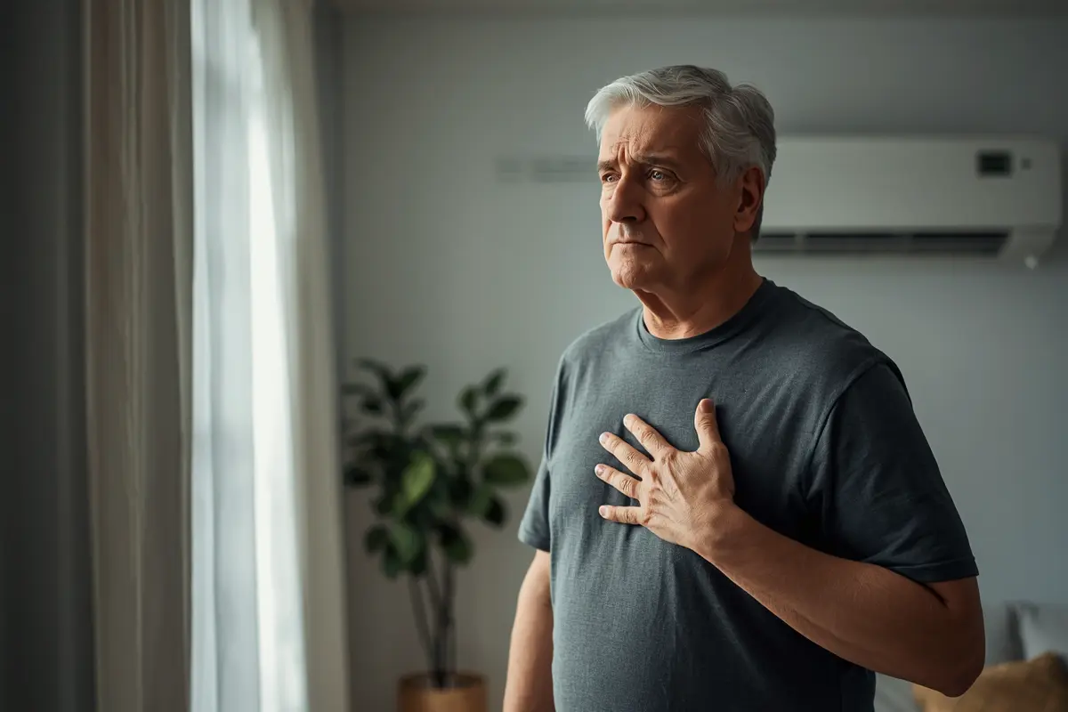 A senior man in a grey shirt standing near an indoor AC unit, holding his chest with a concerned expression due to shortness of breath in a living room.