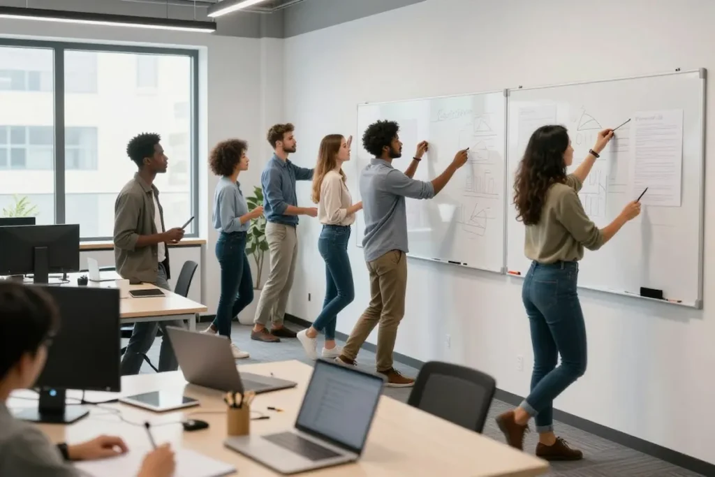 Agile team collaborating on a whiteboard to demonstrate the Adaptive Lens and agentic leadership in a fast-paced corporate environment.
