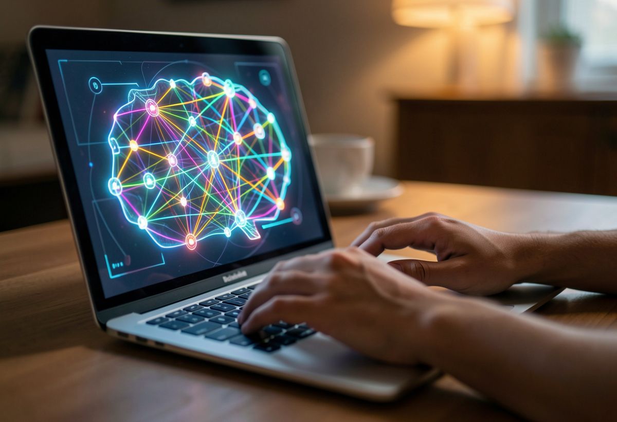 A futuristic holographic mind map with glowing neural nodes representing AI-powered brainstorming and data integration