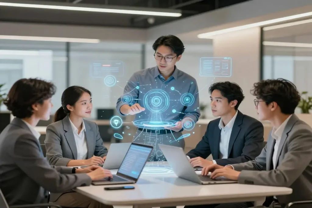 Bionic leader demonstrating Human-AI orchestration with a team using holographic data interfaces for collaborative decision-making.