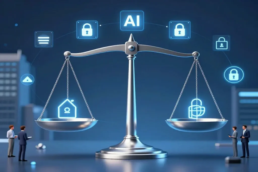 Scales of justice metaphor for AI ethics and digital trust in the Modern Leadership Framework, showing the balance between technology and responsible leadership.