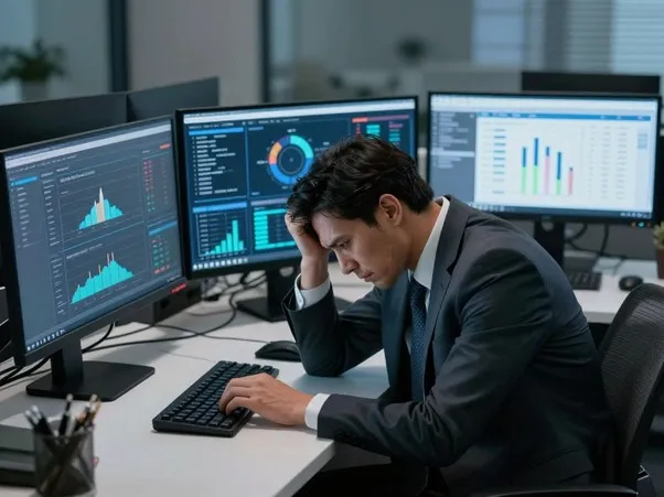 Overwhelmed executive facing cognitive overload and decision fatigue from data-heavy AI dashboards in 2026 corporate landscape.