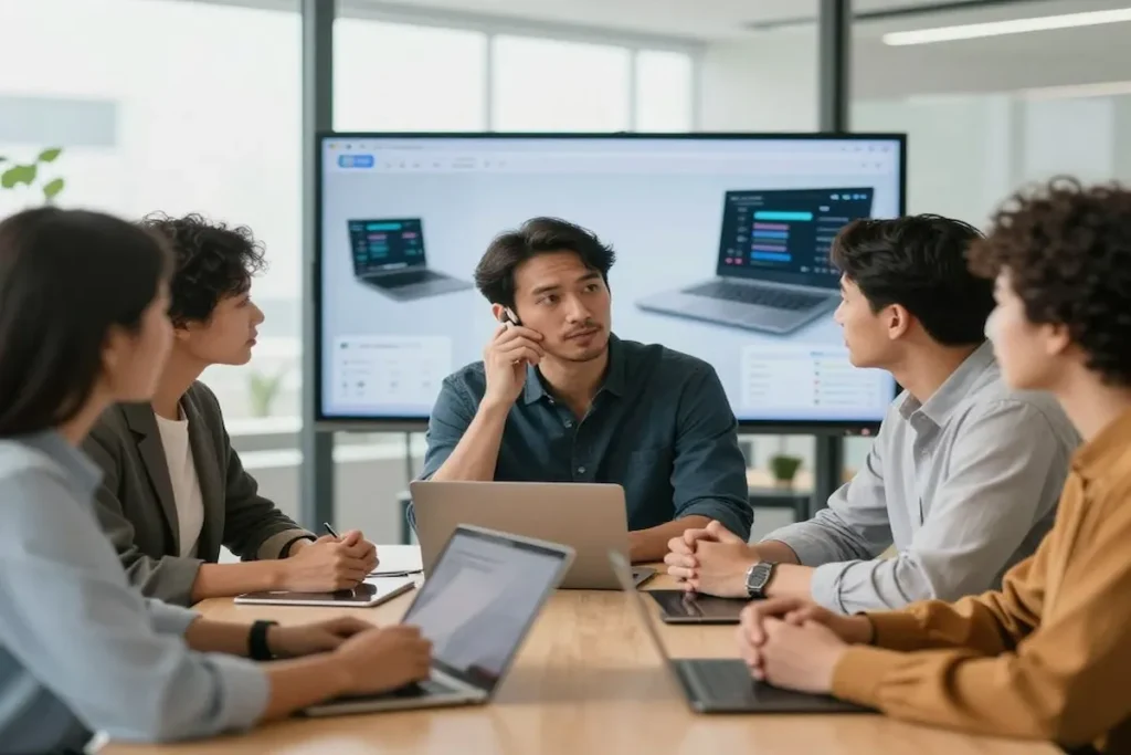 Modern leader practicing the Human Lens and active listening to build psychological safety in a 2026 corporate team meeting.