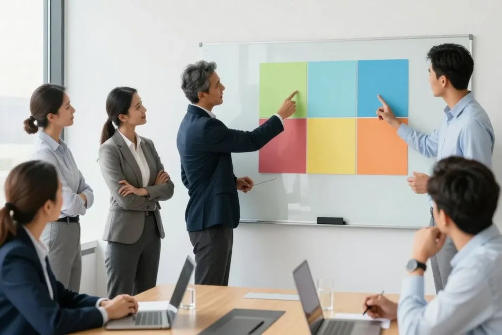 Leadership team practicing the Lens Shift technique in a boardroom to evaluate business decisions through the 6-lens modern leadership framework.