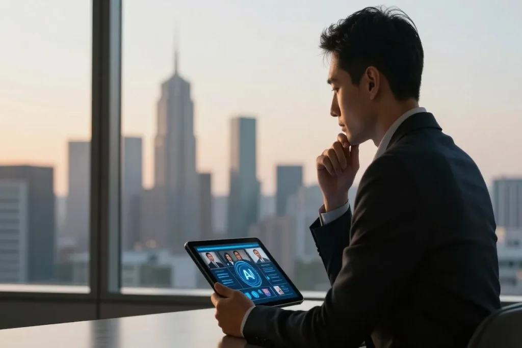 Modern leader in a high-rise office contemplating business strategy and AI data on a tablet, symbolizing the head and heart balance of the 2026 leadership era.