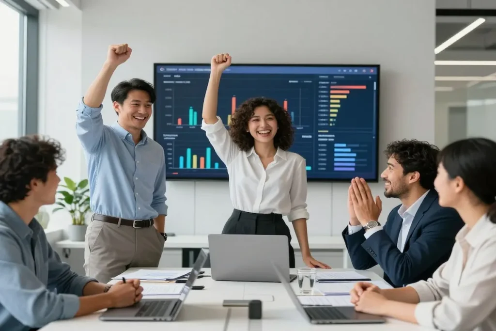 Successful leadership team celebrating business transformation and positive engagement metrics after implementing the Modern Leadership Framework.