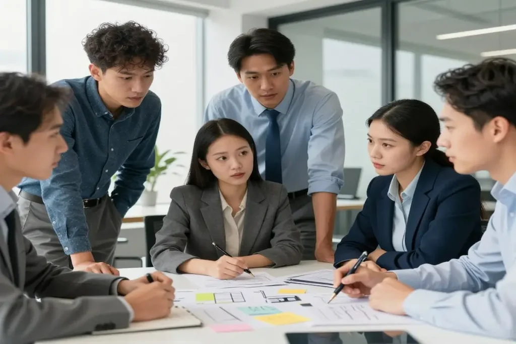 Leadership team collaborating to solve implementation challenges and business obstacles using the 6-lens framework in a 2026 office environment.