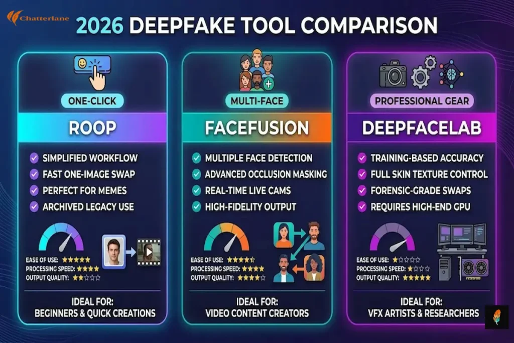 A 2026 comparison chart of deepfake tools including Roop for one-click swaps, FaceFusion for multi-face detection, and DeepFaceLab for professional-grade VFX work.