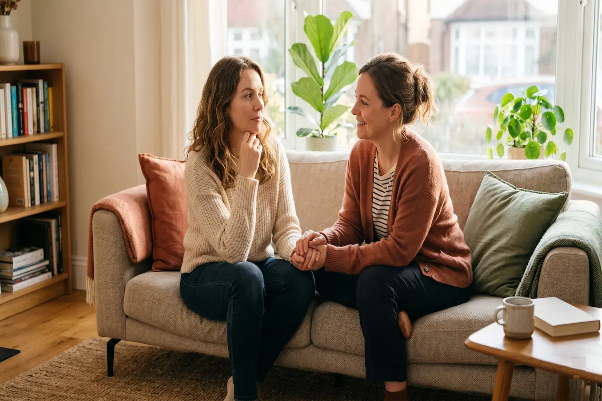 Two women sitting closely together on a cozy modern sofa in a sunlit living room. One woman is looking thoughtfully toward the light while the other sits close, smiling warmly and holding her hand in a supportive gesture.