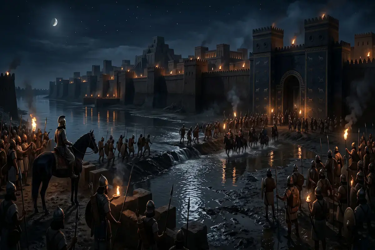 A cinematic historical illustration of the Persian army under King Cyrus diverting the Euphrates River to enter the gates of ancient Babylon at night.