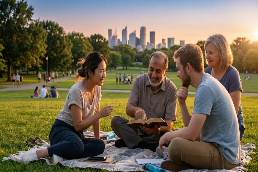 Diverse group of people from Middle Eastern, Asian, and Western backgrounds sitting in a peaceful park while discussing Bible prophecy and Israel over an open Bible.