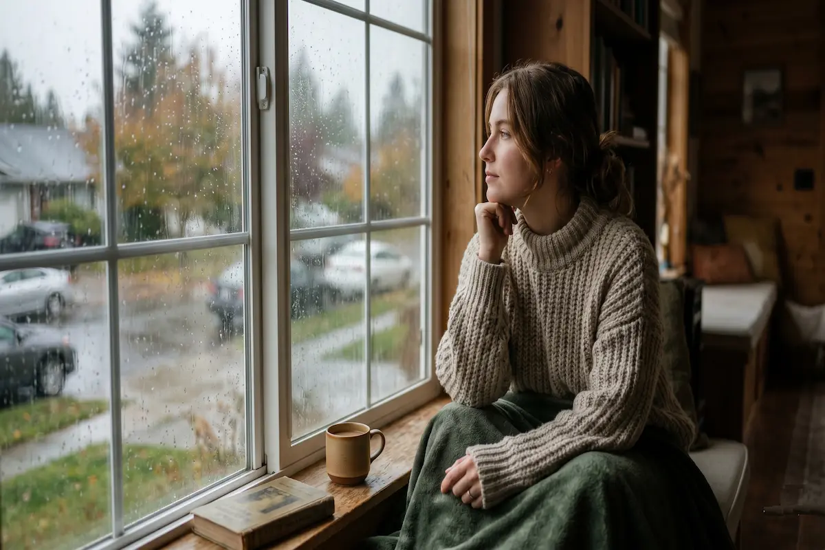 A woman wearing a cozy tan knitted sweater sits by a large window on a rainy day, looking out thoughtfully at the street with soft natural lighting and a warm cup of coffee on the windowsill.