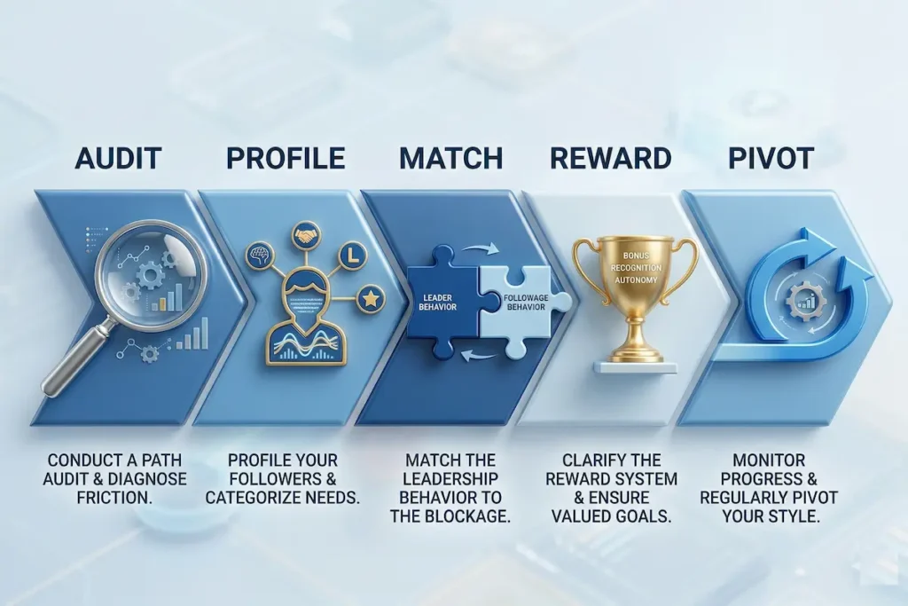 A highly detailed 8k photorealistic corporate process diagram in blue and white. This is a 5-step chevron chart detailing Path-Goal Theory implementation: Step 1 (Audit) - A realistic magnifying glass. Step 2 (Profile) - A person icon with data attributes. Step 3 (Match) - Two interlocking puzzle pieces labeled 'Behavior' and 'Blockage.' Step 4 (Reward) - A pristine golden trophy. Step 5 (Pivot) - A dynamic circular blue arrow.