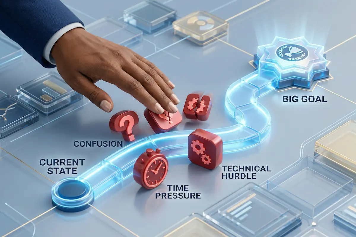 A high-resolution 3D infographic of a leader's hand clearing obstacles like 'Confusion' (question mark) and 'Time Pressure' (clock) off a glowing blue path that connects 'Current State' to 'Big Goal.'