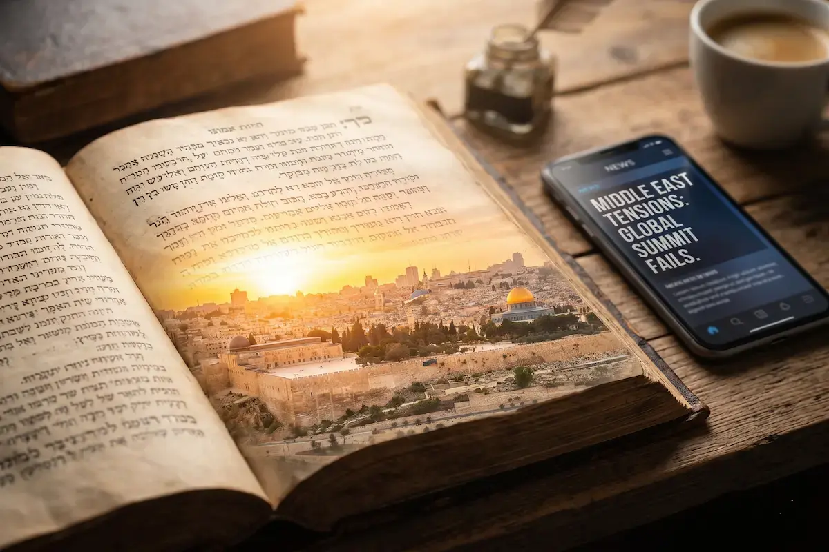 Bible prophecy and Israel visualized through ancient Hebrew scrolls and a leather-bound book overlaying a modern-day Jerusalem sunrise. In the background, a smartphone displays a digital news app headline about modern Middle East tensions.