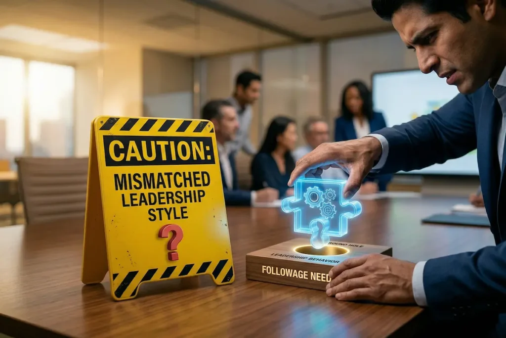 A highly detailed 8k photorealistic close-up photograph on a corporate office desk. A miniature yellow 'CAUTION' sign reads: 'MISMATCHED LEADERSHIP STYLE'. Next to it, a tense Latino manager's hand is visibly straining to force a large blue 'SQUARE PEG' into a golden 'ROUND HOLE,' integrated into a labeled 'LEADERSHIP BEHAVIOR' block. Dramatic, focused lighting highlights the frustration, with a blurry successful, balanced team in the background.