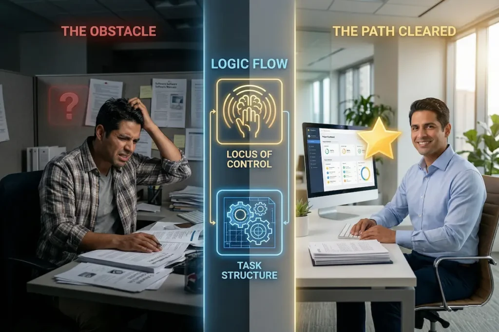 A high-quality photorealistic split-screen image illustrating Path-Goal Theory contingencies. Left (The Obstacle): A frustrated Latino employee in a dark, messy cubicle surrounded by clutter and outdated manuals. Right (The Path Cleared): The same employee, now smiling and motivated, working in a bright, modern, organized office. Between them, a glowing 'Logic Flow' interface diagram showing icons and text for 'Locus of Control' and 'Task Structure.'