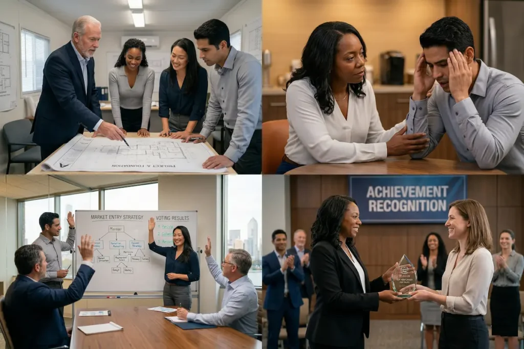 A highly detailed four-pane photo grid visualizing leadership styles in a professional American setting. Pane 1: An older Caucasian manager pointing at a construction blueprint (Directive). Pane 2: The African American female leader listening intently to a stressed employee (Supportive). Pane 3: A diverse professional group in a meeting room collaboratively voting on a 'Market Entry Strategy' whiteboard (Participative). Pane 4: The African American female CEO handing a polished glass award to a top performer (Achievement-Oriented).