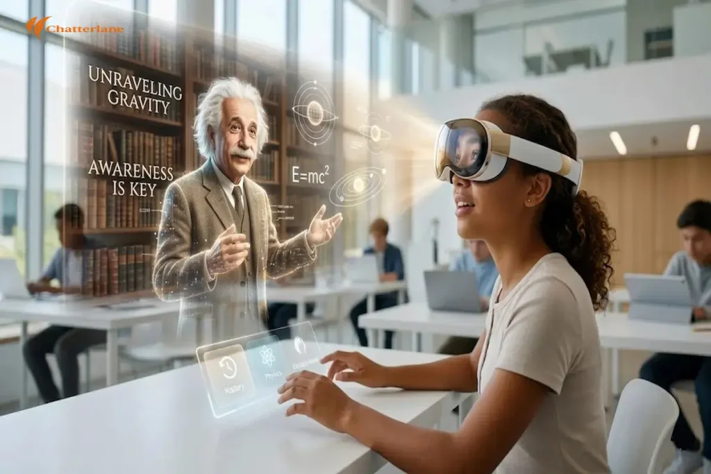 A student wearing an AR headset looking with wonder at a glowing, digital projection of Albert Einstein teaching a physics lesson. The interface uses white, gold, and light blue.