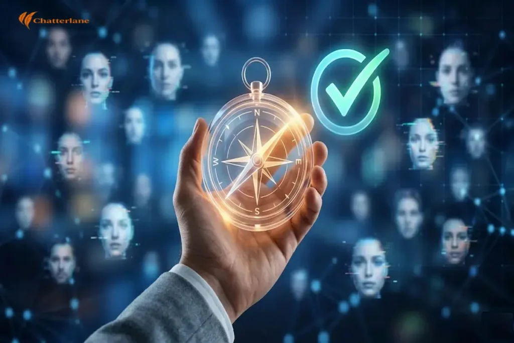 A human hand holding a glowing compass that is pointing to a green verified checkmark. In the blurred background, several digitized, distorted faces float in a dark blue digital void, representing deepfakes.