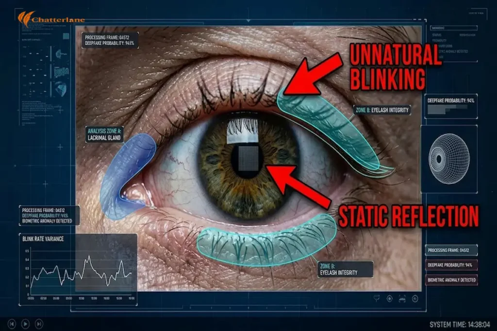 A high-resolution forensic analysis image focusing on a human eye within a scientific interface. It uses digital highlights and red arrows to point out deepfake indicators including "Unnatural Blinking" and "Static Reflection" on the pupil.