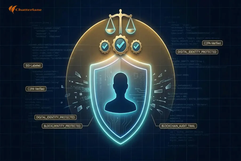 A high-concept illustration showing a deep gold digital shield protecting a human silhouette from synthetic media. The shield is surrounded by the scales of justice and digital 'verified' checkmarks against a navy blue background of scrolling code and metadata tags.
