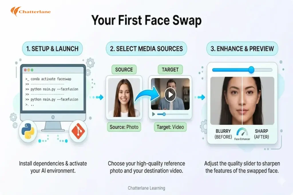 An educational infographic titled 'Your First Face Swap' detailing the three steps to use FaceFusion: Setup and Launch, Select Media Sources, and Enhance and Preview.