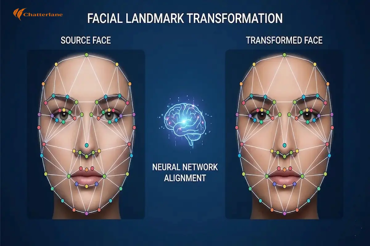 An educational diagram showing facial landmark transformation where a neural network aligns 68 digital points from a source face to a transformed face.