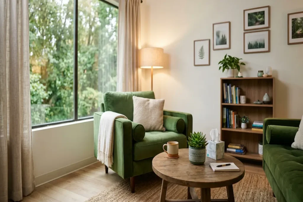 A welcoming and peaceful modern therapy office featuring a comfortable green velvet armchair, a wooden coffee table with a succulent, and soft warm lighting near a large window with a view of greenery.