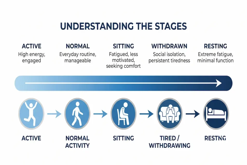 A professional infographic on a white background showing a blue spectrum arrow. Icons illustrate a progression from an active, high-energy state to sitting, withdrawing, and finally resting with minimal function, representing the stages of depression.