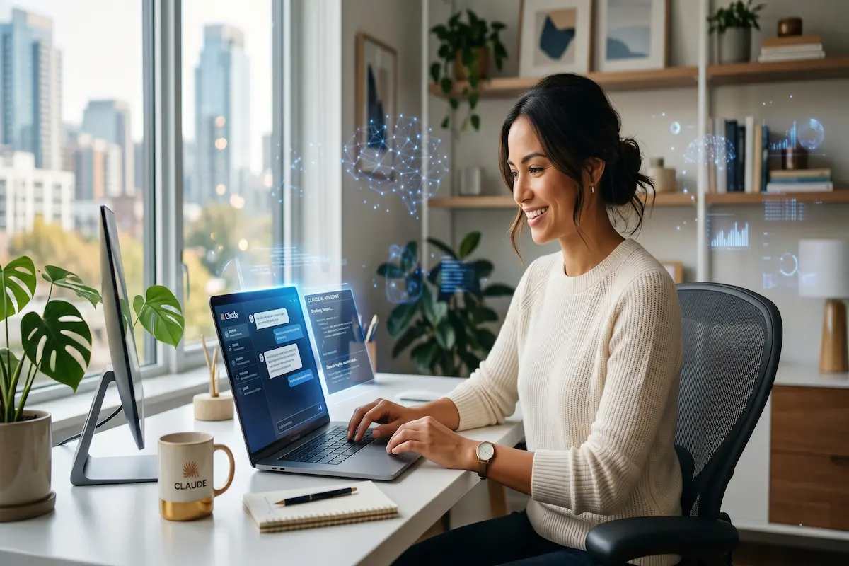 A detailed illustration of a woman in a cable-knit sweater at her modern home office desk, actively typing on a laptop displaying the 'Claude' chat interface. The scene shows the floating holographic brain and data visualizations, the specific 'CLAUDE' branded mug, and the window with the city skyline. This image effectively illustrates 'How to Use Claude AI'.