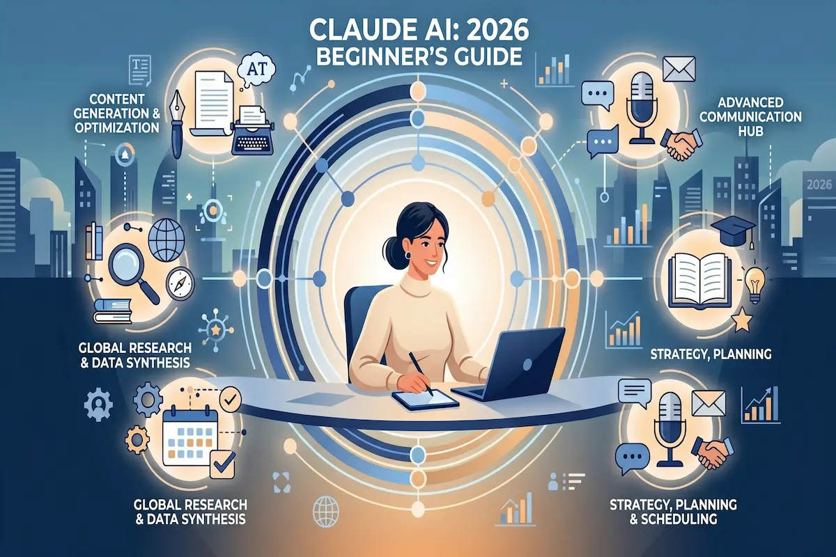 Infographic showing various uses of Claude AI: content creation, research, communication, planning.