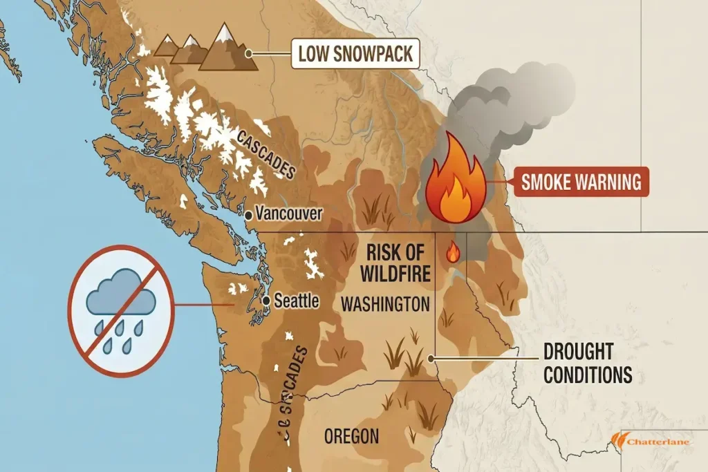 A regional map of Washington and Oregon highlighting low snowpack in the Cascades, drought conditions, and wildfire smoke warning zones for 2026.