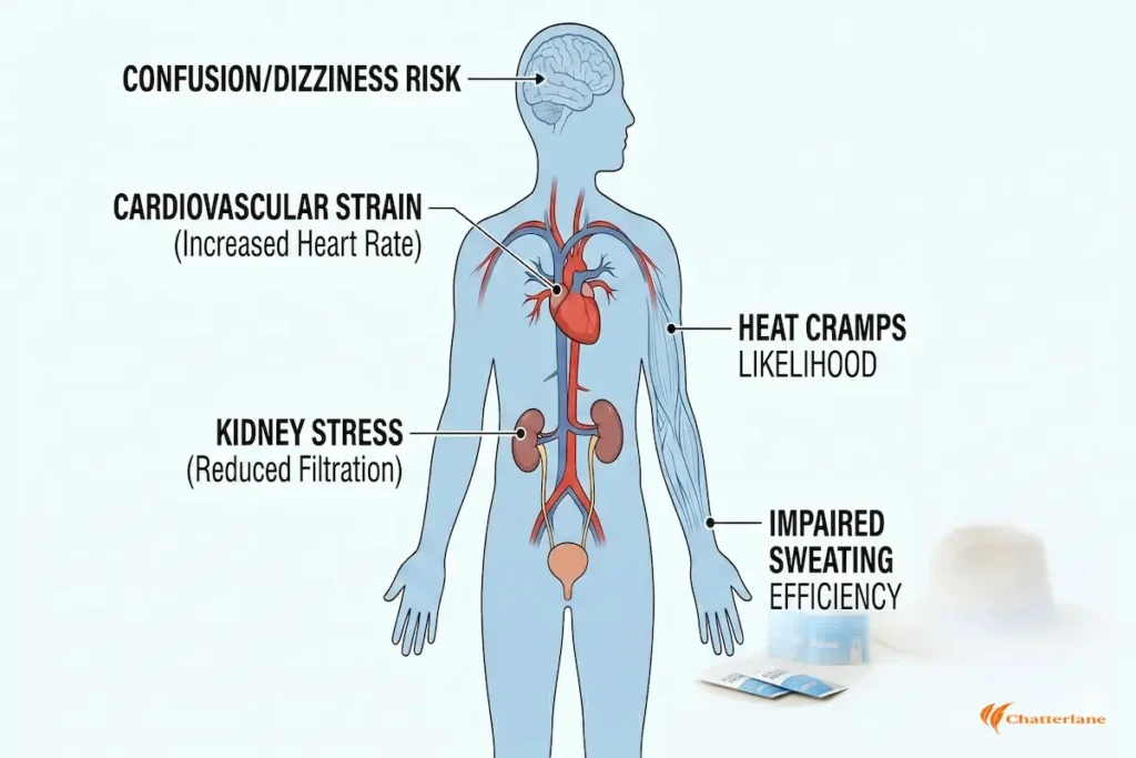 A medical diagram of a human silhouette showing the effects of heat on the heart (cardiovascular strain) and kidneys (dehydration and reduced filtration).