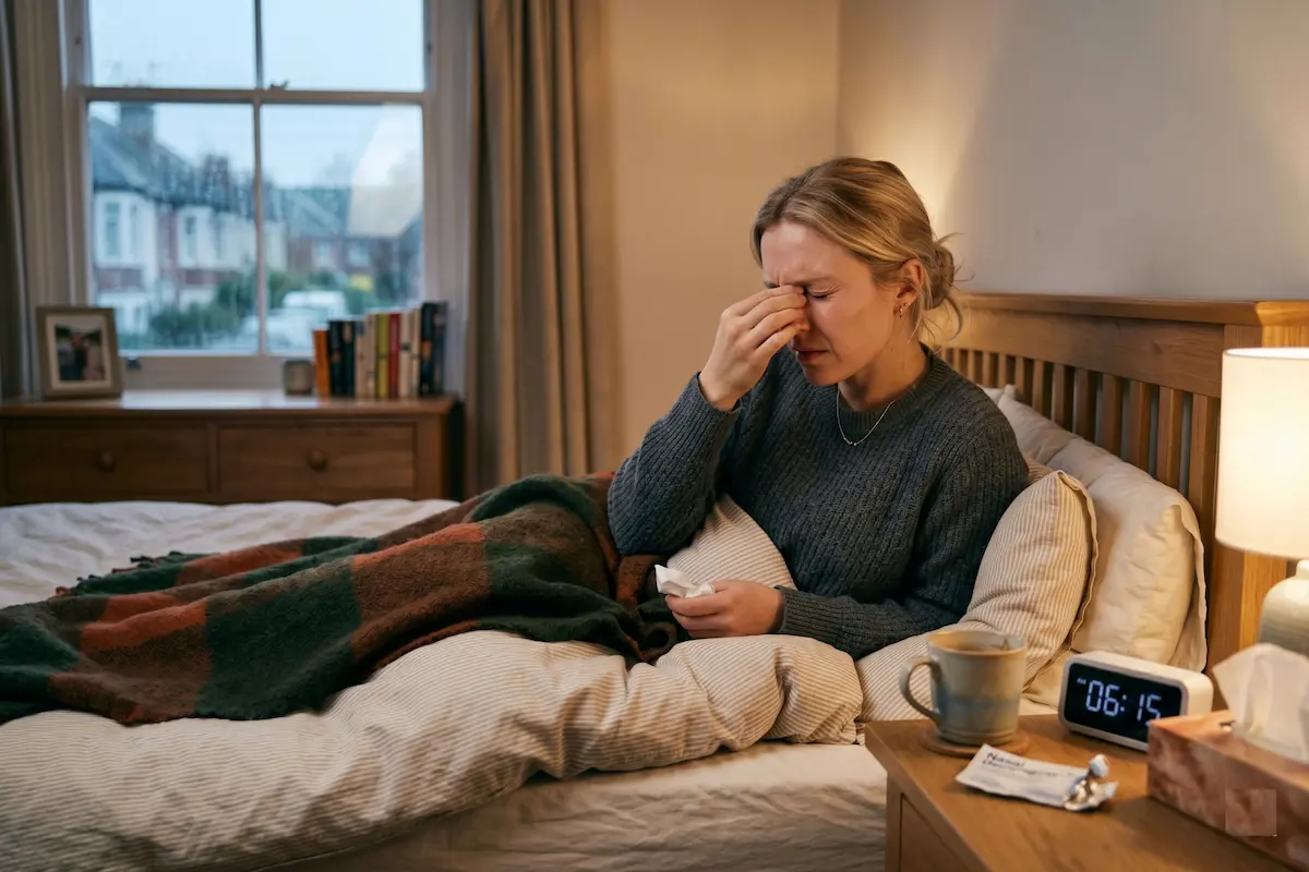 A candid photo from above the foot of a bed, capturing a woman sitting up in bed and pinching the bridge of her nose in pain, with eyes closed. She is wrapped in a green and orange plaid blanket and a grey sweater. Bedside table with tissues, coffee mug, and a digital clock showing 06:15 AM. Window with buildings in the background and a dresser with a framed picture.