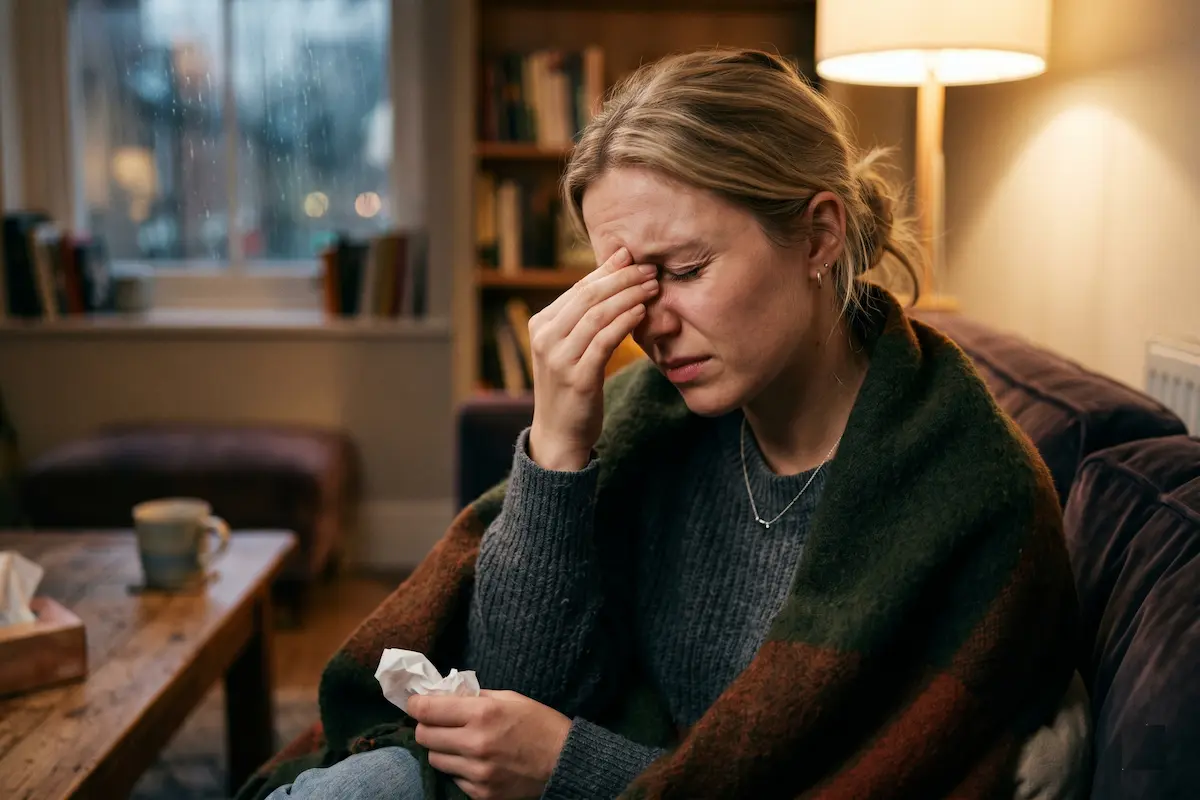 A candid photograph of a woman with her hand to her nose and face in pain, sitting on a sofa and wrapped in a blanket with tissues, a cup, and a window with rain and buildings in the background.
